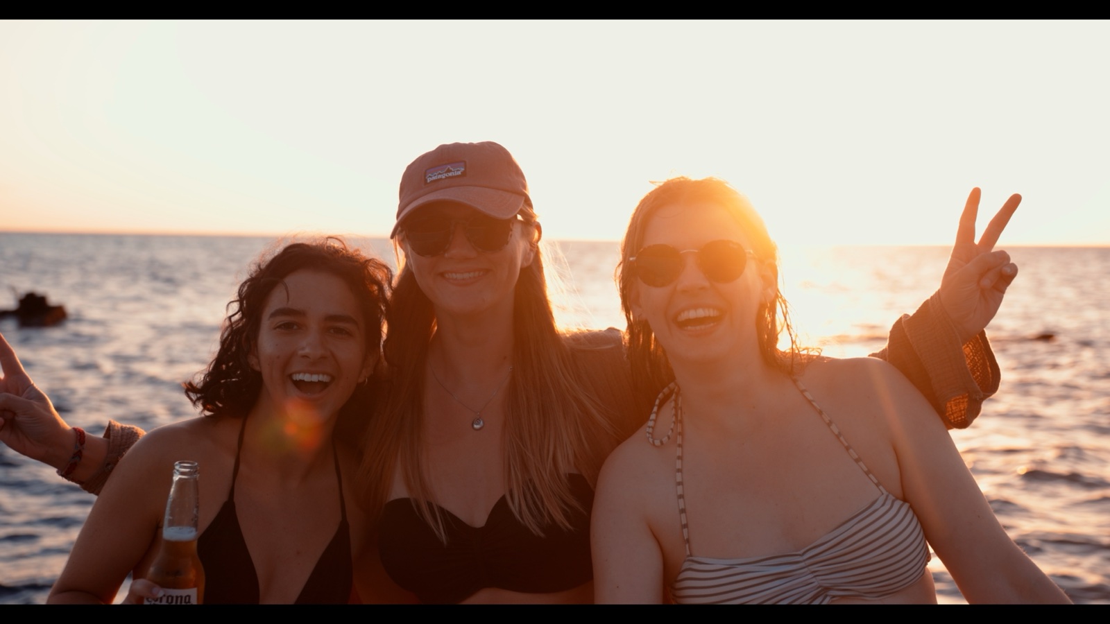 The crew enjoying sunset together on the island